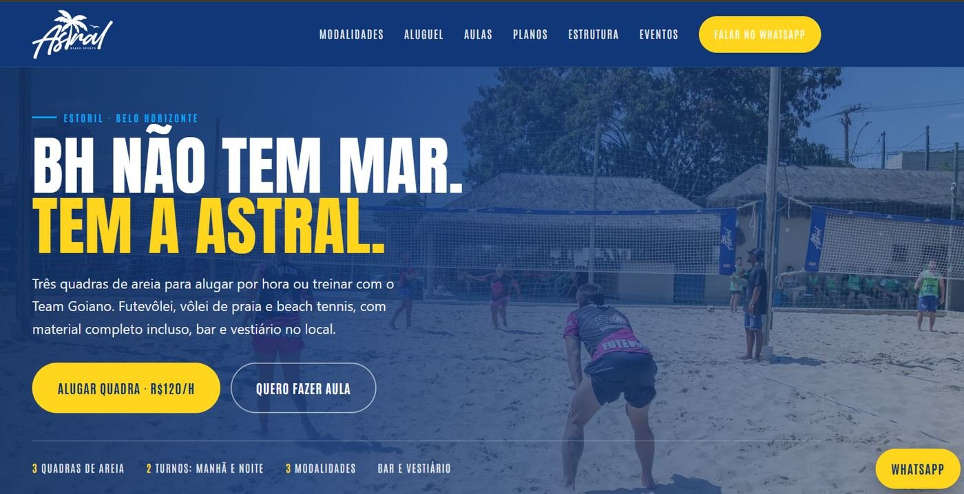 Landing page da Astral Beach Sports com quadras de areia em Belo Horizonte