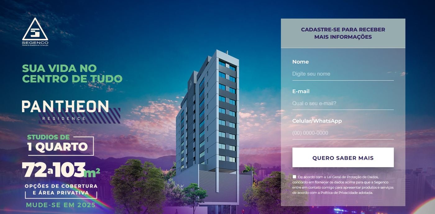 Landing page do Pantheon Residence, da construtora Segenco, com formulário de cadastro